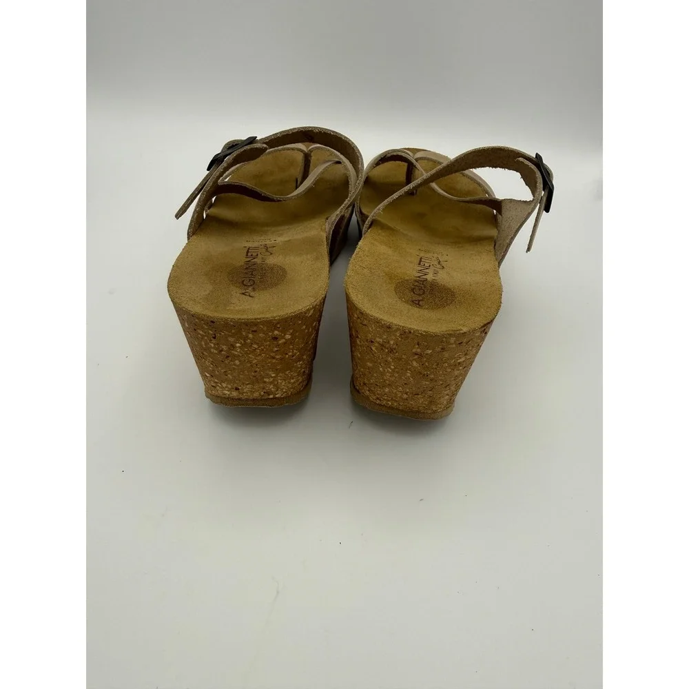 A Giannetti Modern Italy Comfort Tan Leather Cork Wedge Sandals Womens 7 7.5